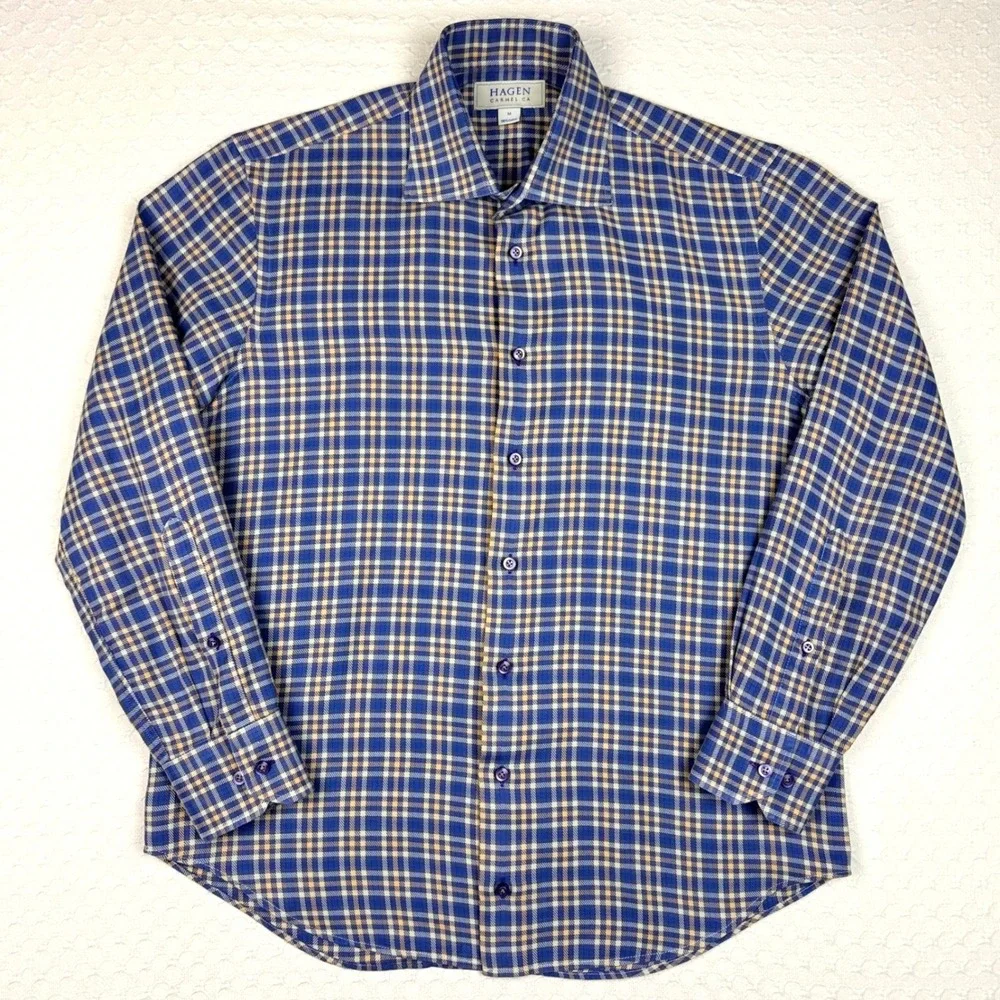 Hagen Carmel CA Plaid Button Up Shirt Preppy Mens M Blue Yellow Office Timeless